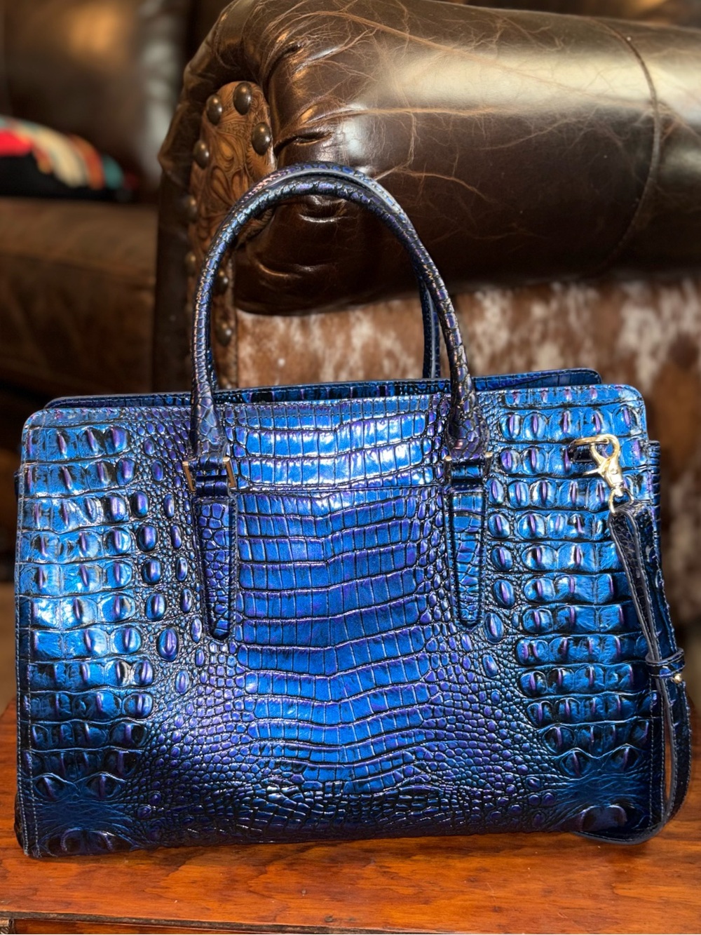 Brahmin Metallic Blue Croc-Embossed Tote with Wallet - Picture 3 of 9